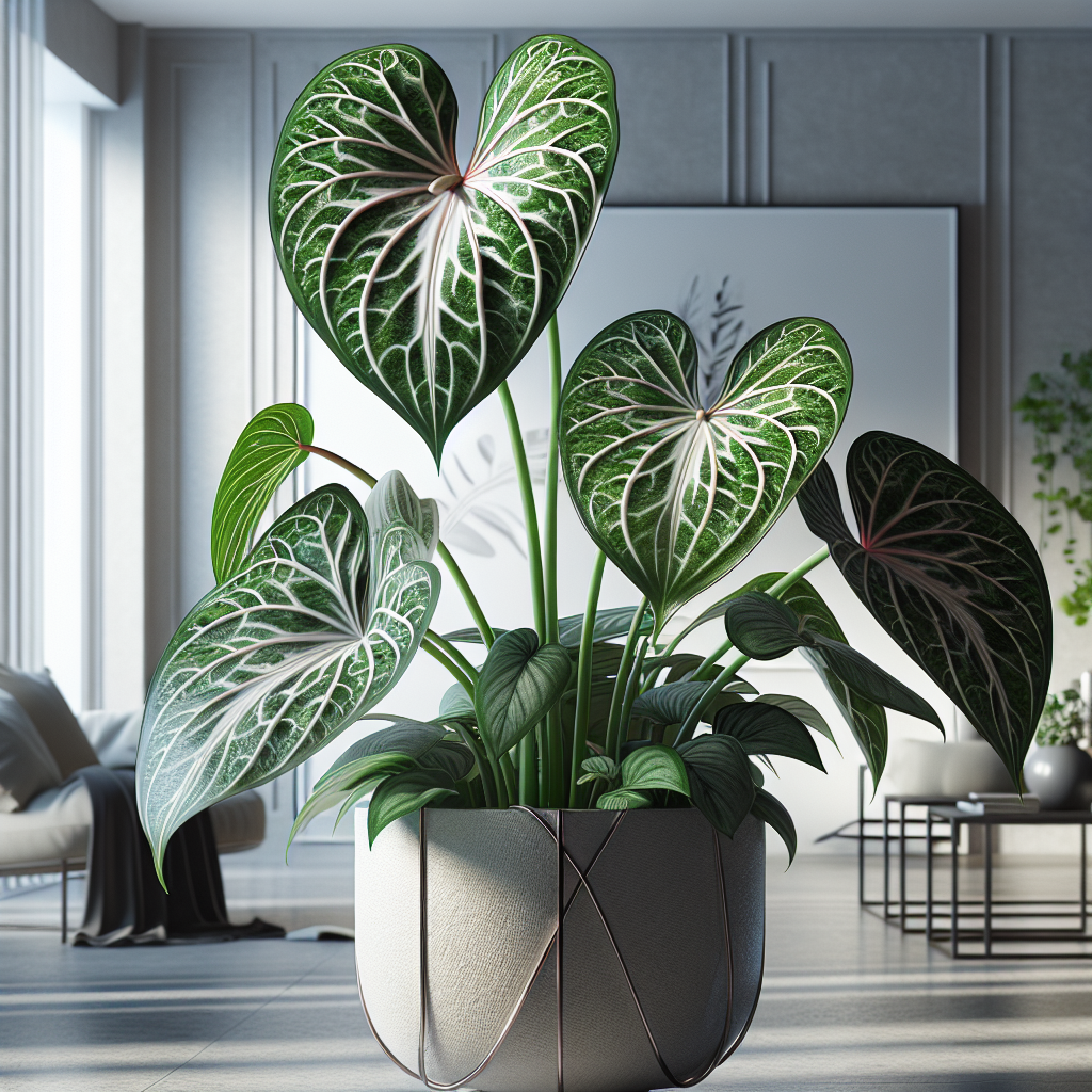 Anthurium clarinervium tropical indoor plant in decorative pot