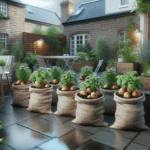Potatoes growing in fabric bags on a UK patio