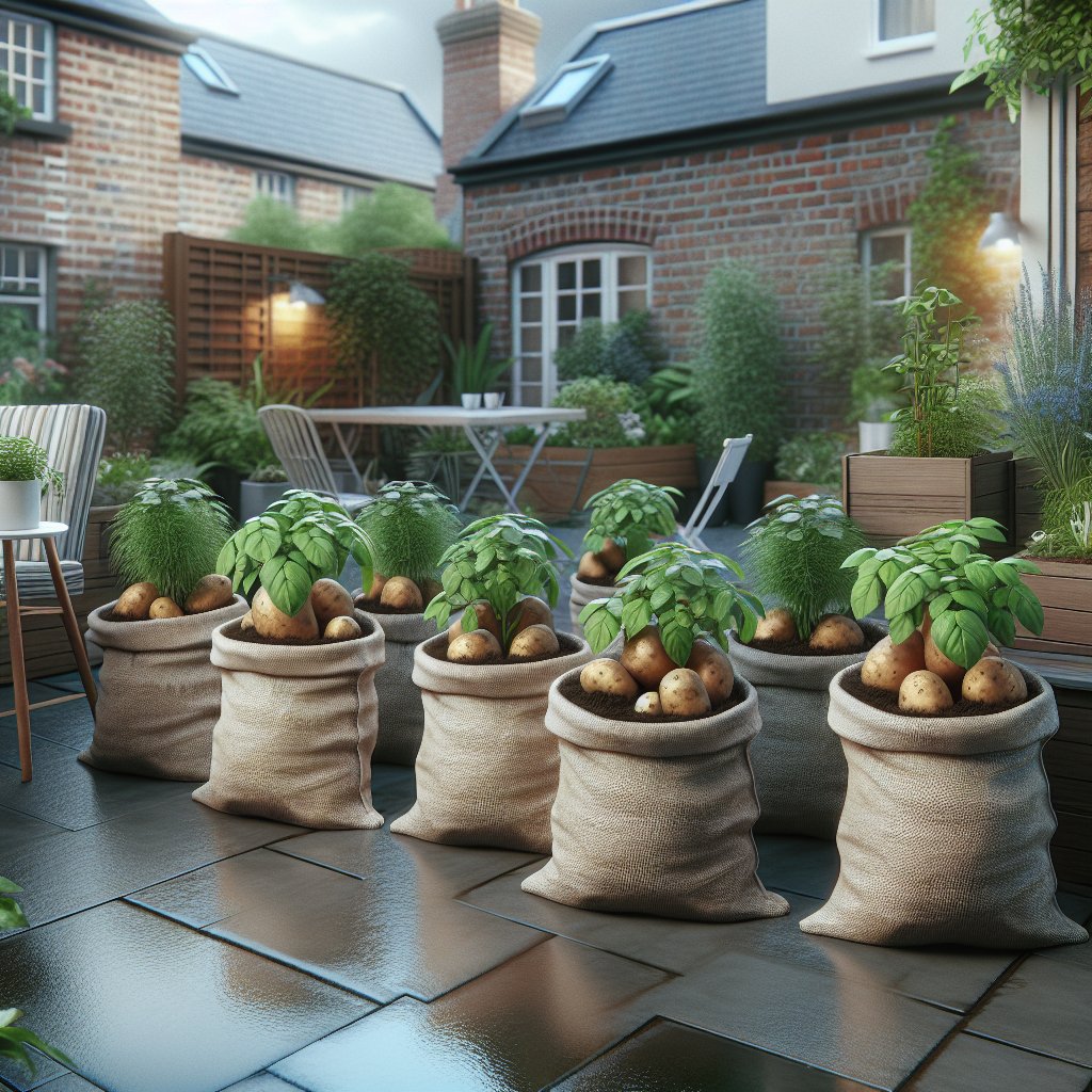 Potatoes growing in fabric bags on a UK patio