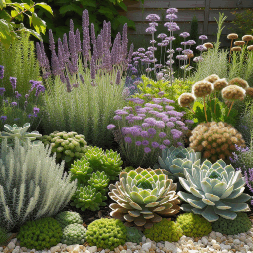 Drought-tolerant plants in a UK garden bed
