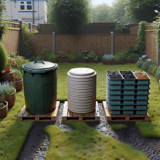 Compost bin, hot bin and wormery in a UK garden