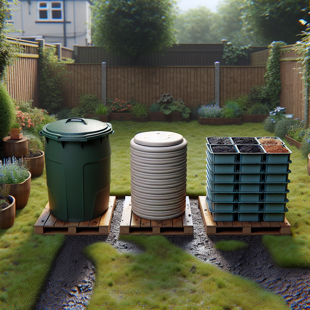 Compost bin, hot bin and wormery in a UK garden