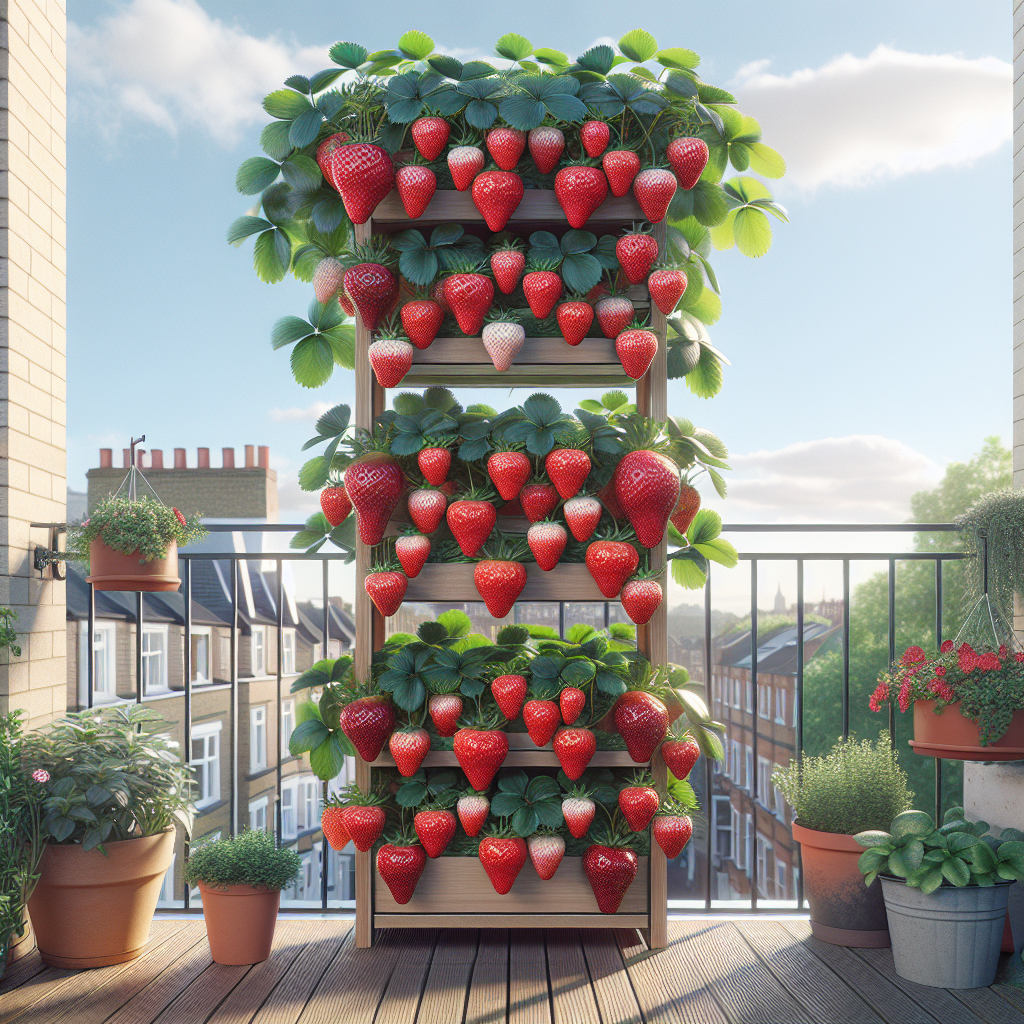 Vertical strawberry tower on a UK balcony