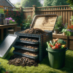 Stacked tray wormery with compost worms in a UK garden
