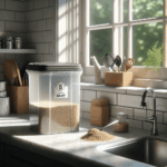 Bokashi bin with bran on a UK kitchen worktop