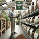 Bags of peat-free compost in a UK garden centre with a shopper inspecting
