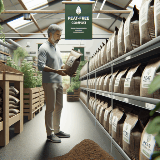 Bags of peat-free compost in a UK garden centre with a shopper inspecting