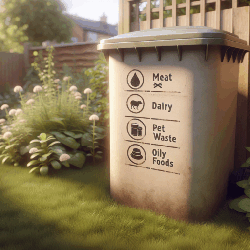 Compost bin with clear icon-based signage showing items not to compost