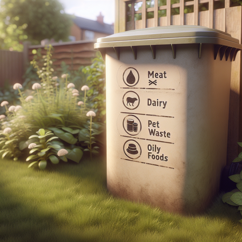 Compost bin with clear icon-based signage showing items not to compost