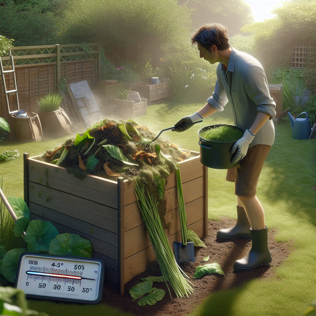 Adding natural compost accelerator to an active compost heap with thermometer