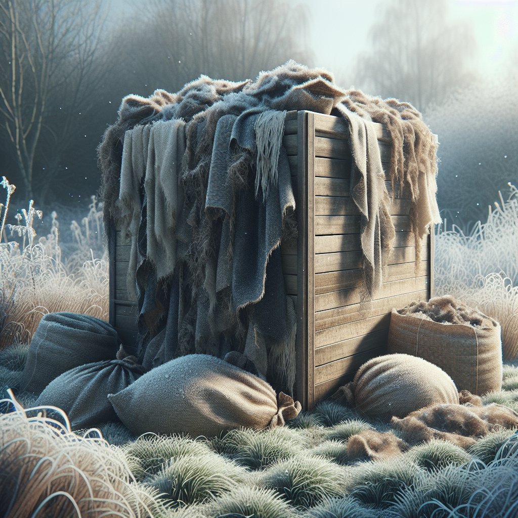 Insulated compost bin with natural uneven frost in winter garden