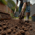 Gardener spreading compost mulch on clay soil in a natural garden scene