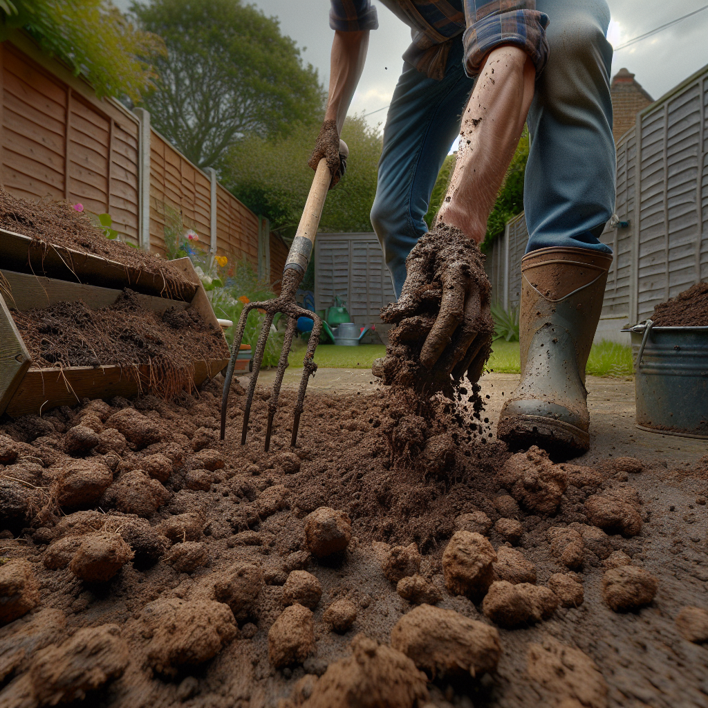 Gardener spreading compost mulch on clay soil in a natural garden scene