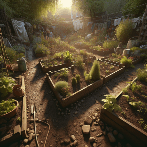 Handheld DSLR photo of an allotment garden with natural imperfections and mixed-region realism