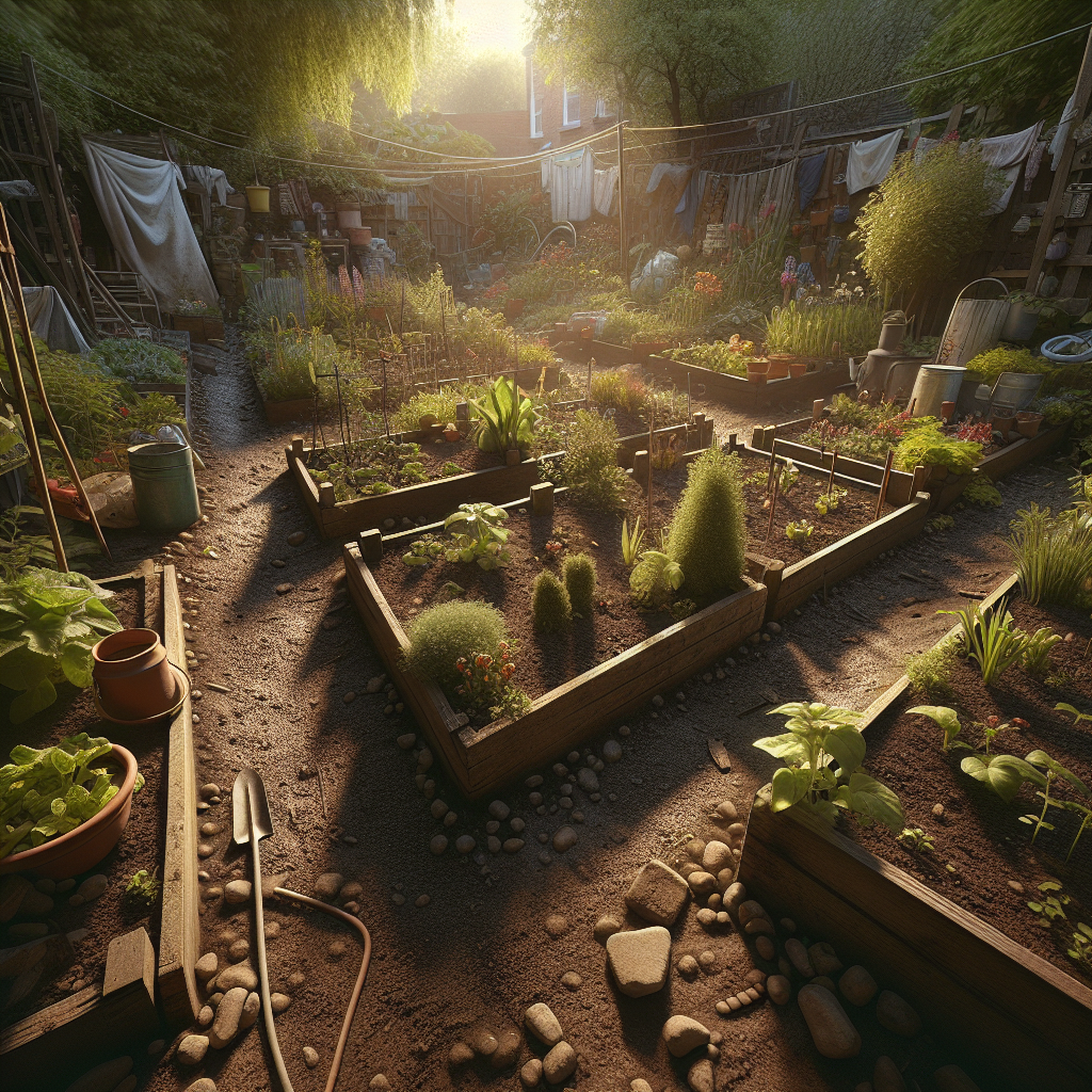 Handheld DSLR photo of an allotment garden with natural imperfections and mixed-region realism