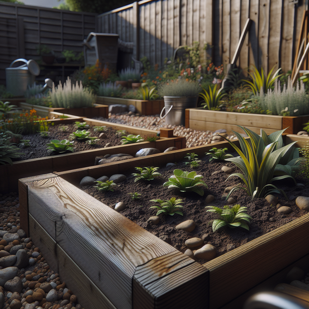 Photorealistic no‑dig raised beds with natural imperfections and mixed‑region gardening style