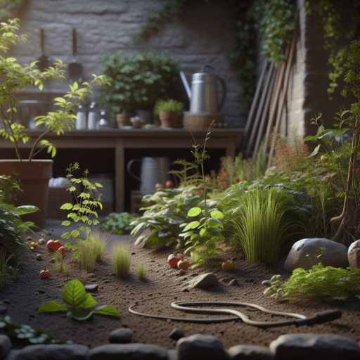 Photographic kitchen garden with natural staggered plantings and realistic imperfections