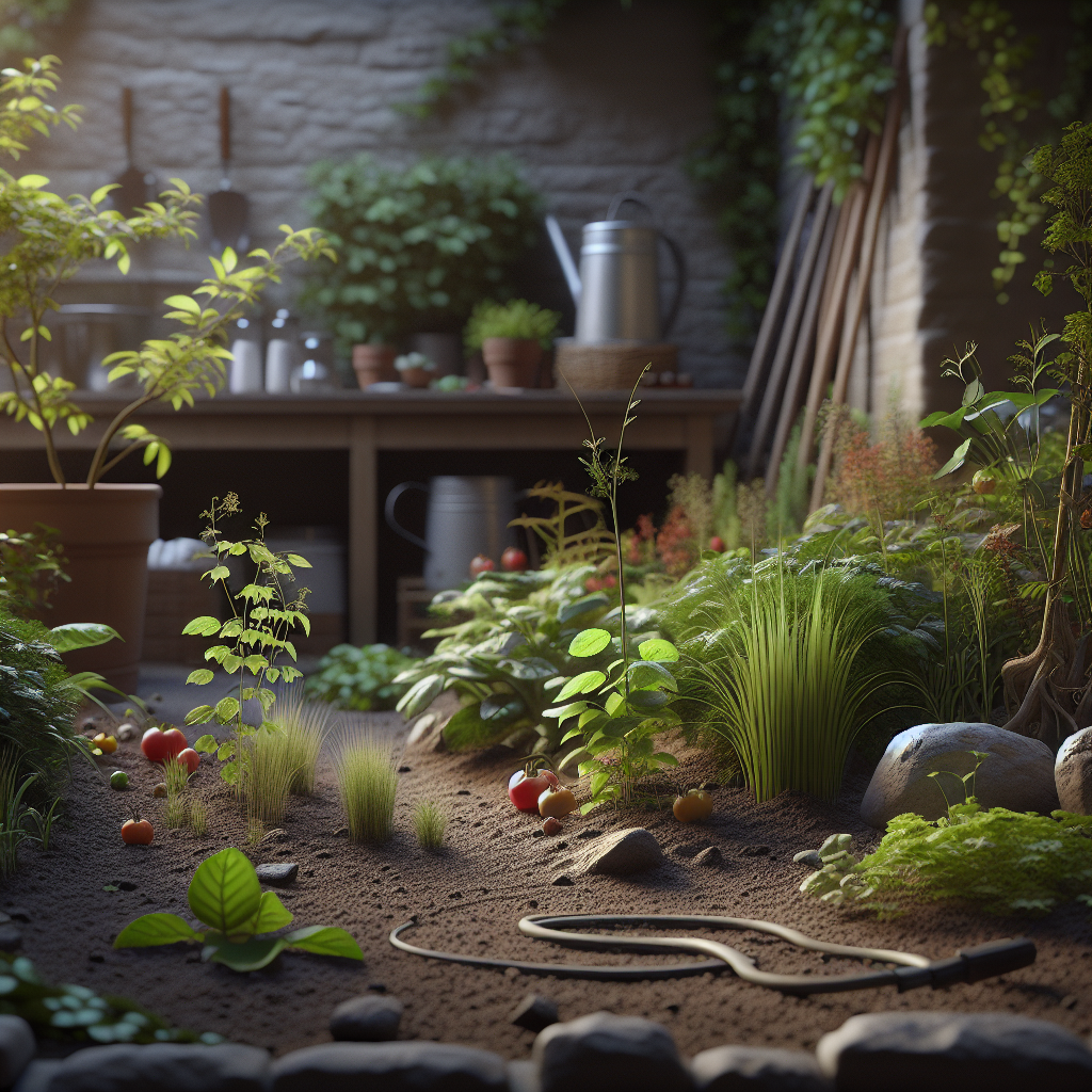 Photographic kitchen garden with natural staggered plantings and realistic imperfections