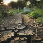 Mulched garden bed in dry conditions showing drought-smart watering setup