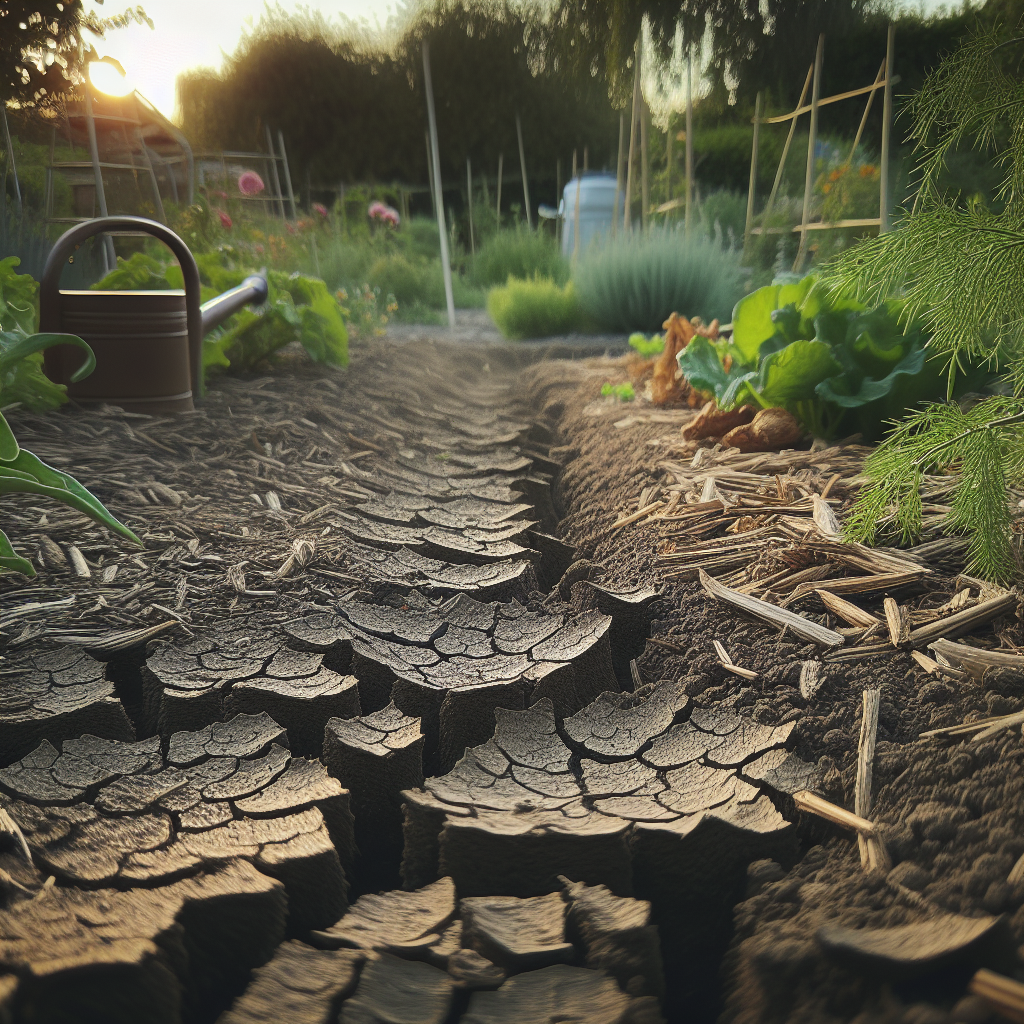 Mulched garden bed in dry conditions showing drought-smart watering setup