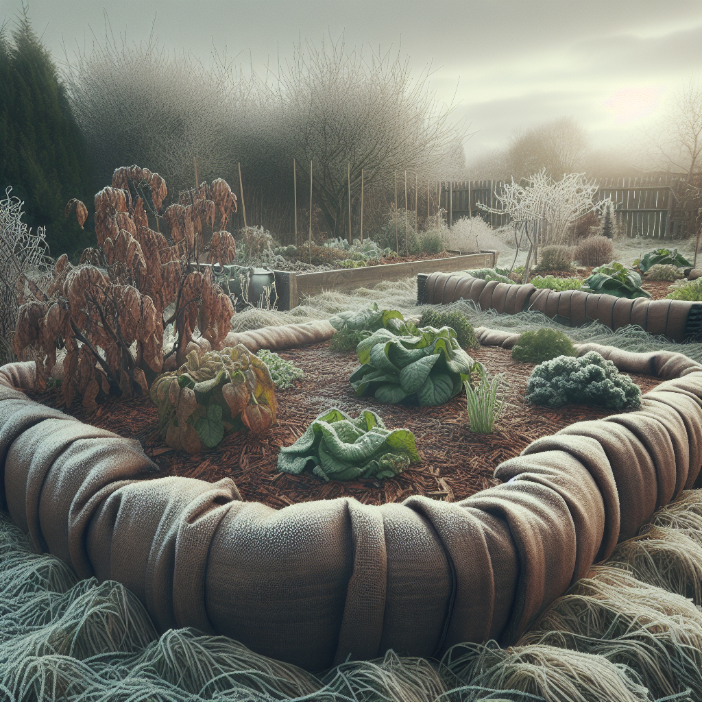Winter garden bed with mulch and fleece protection