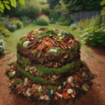 Compost heap in a garden with mixed materials
