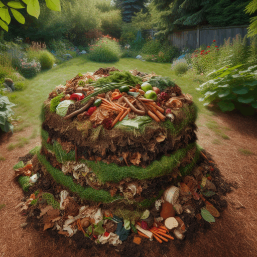 Compost heap in a garden with mixed materials