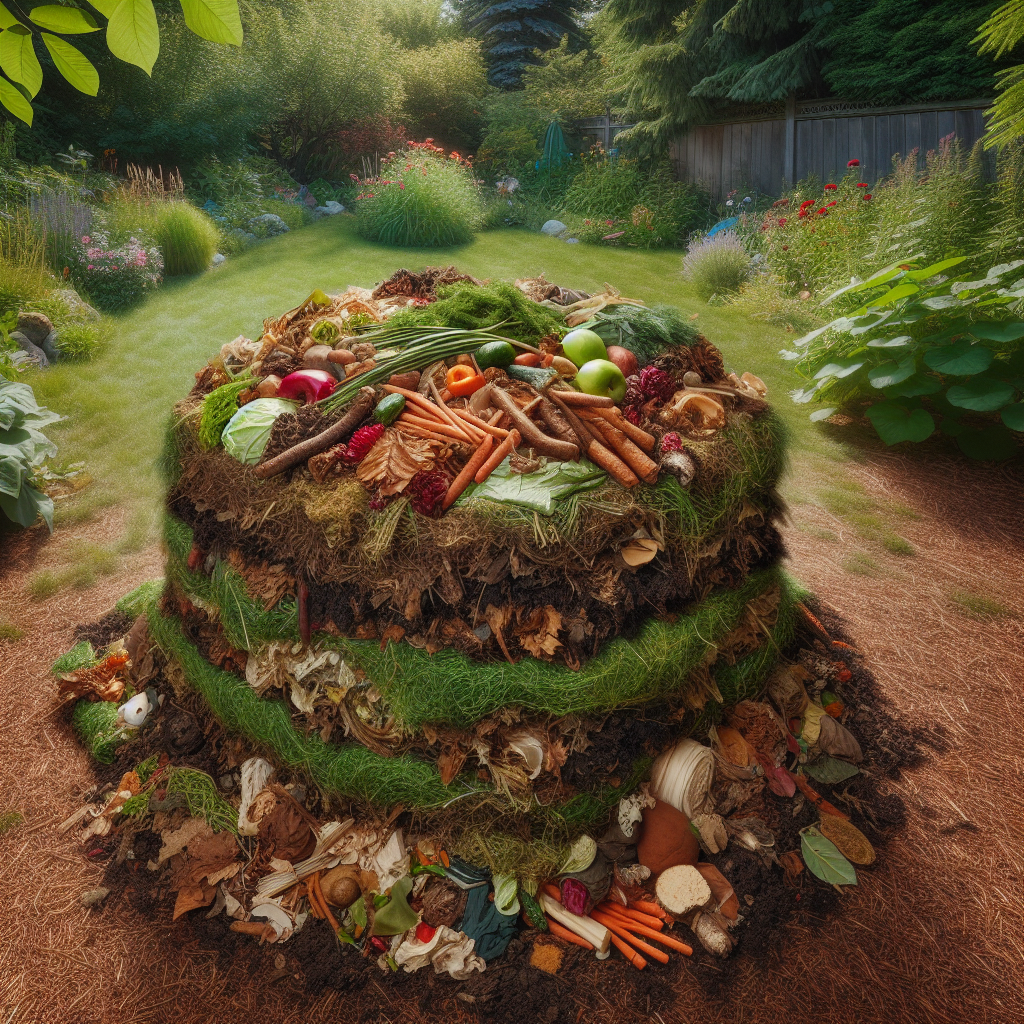 Compost heap in a garden with mixed materials