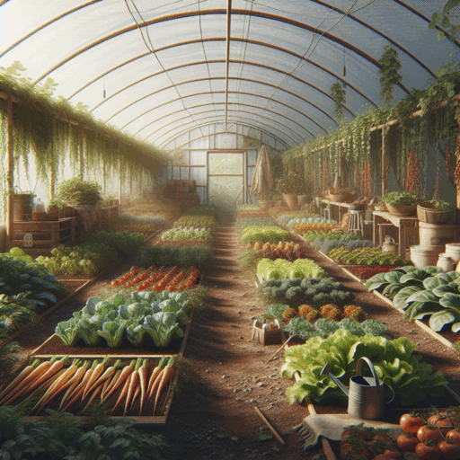 Mixed crops growing inside a polytunnel with natural light