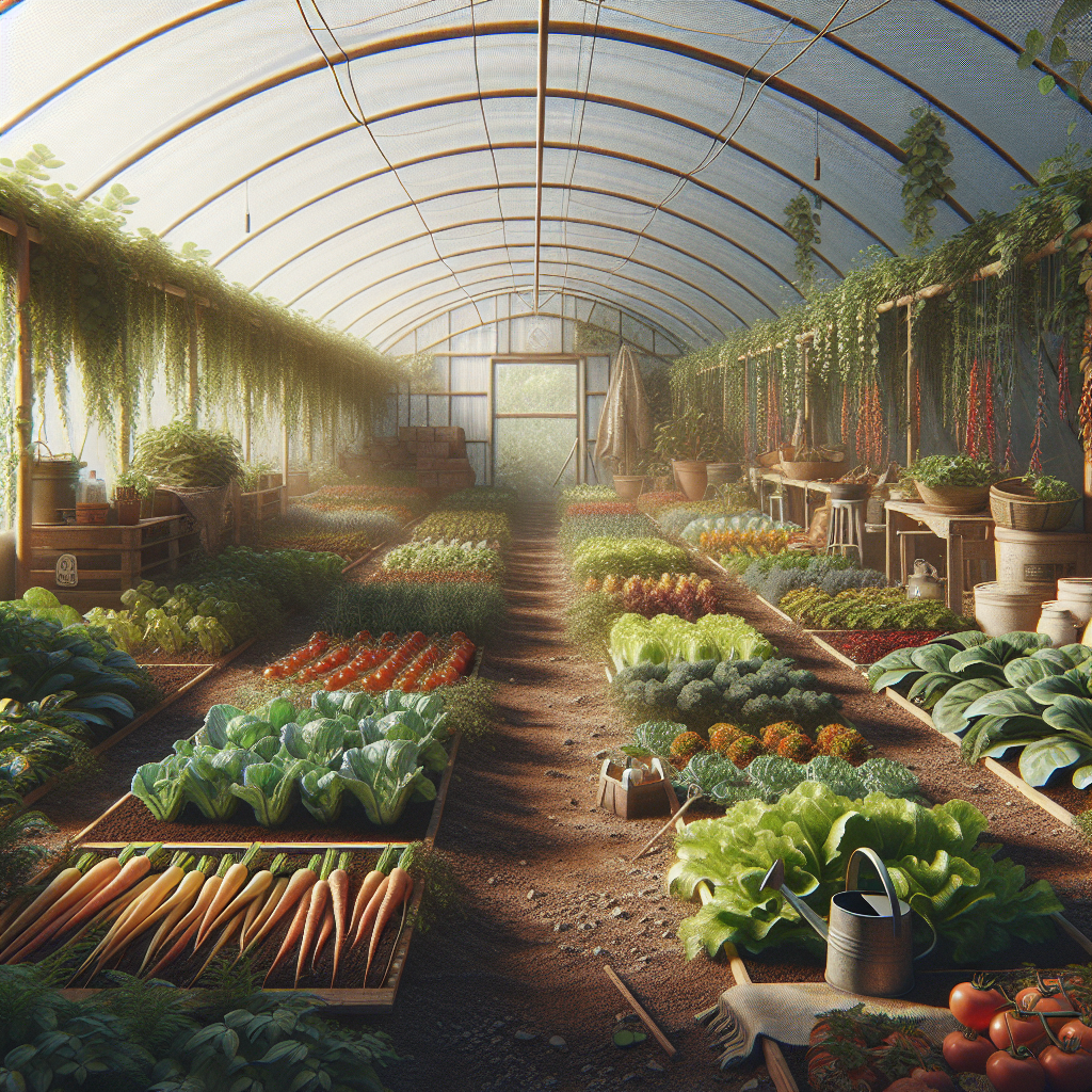 Mixed crops growing inside a polytunnel with natural light