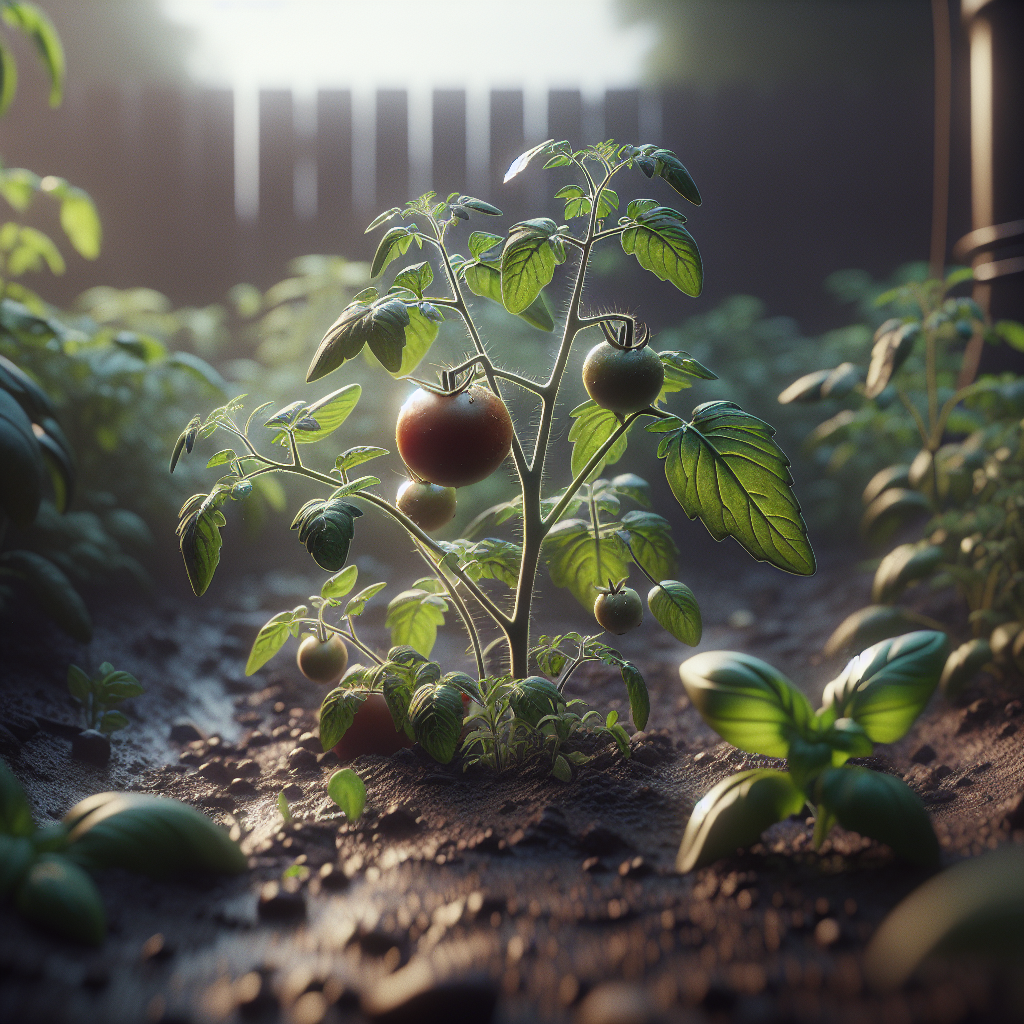 Documentary style realistic photo of tomato and basil companion planting in a natural garden setting